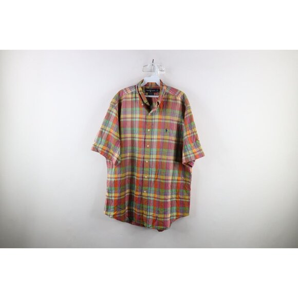 Vtg 90s Ralph Lauren Mens Large Faded India Madras Plaid Button Shirt Rainbow - Picture 1 of 10